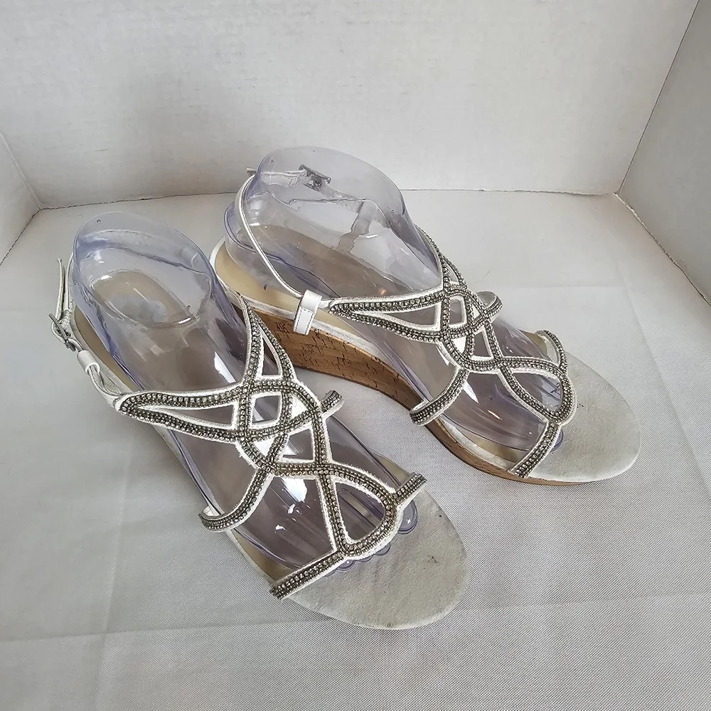 Fergalicious White Strappy Cork Wedge Summer Sandals Rhinestone Size 9.5